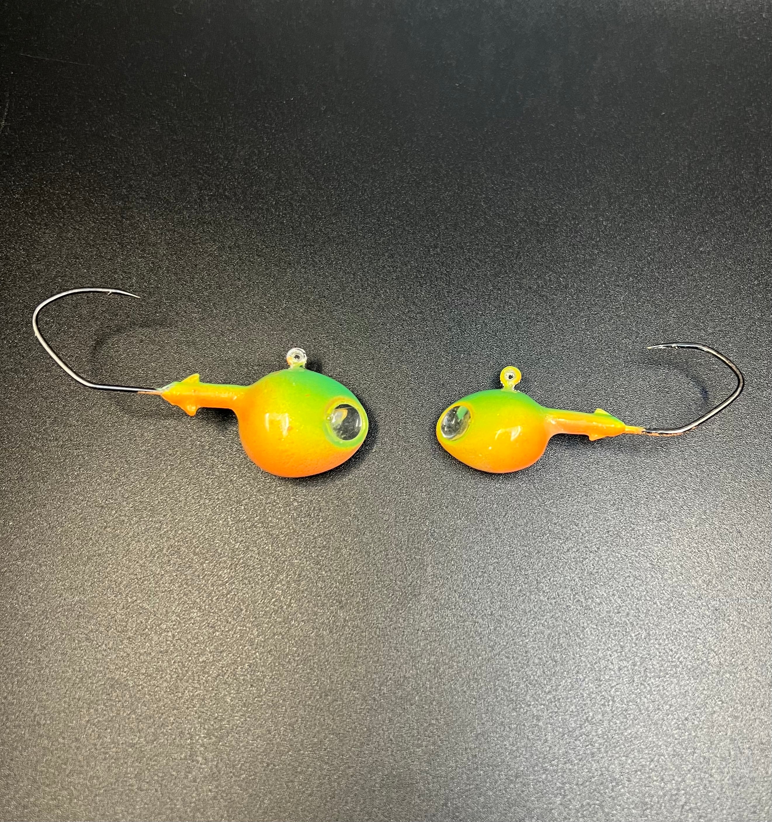 Tiger Kang UV Walleye jig 2 pack: orange/chartreuse jig heads with round eyes