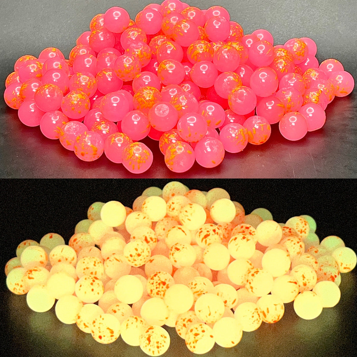 Round UV glow soft beads, pink and yellow translucent spheres