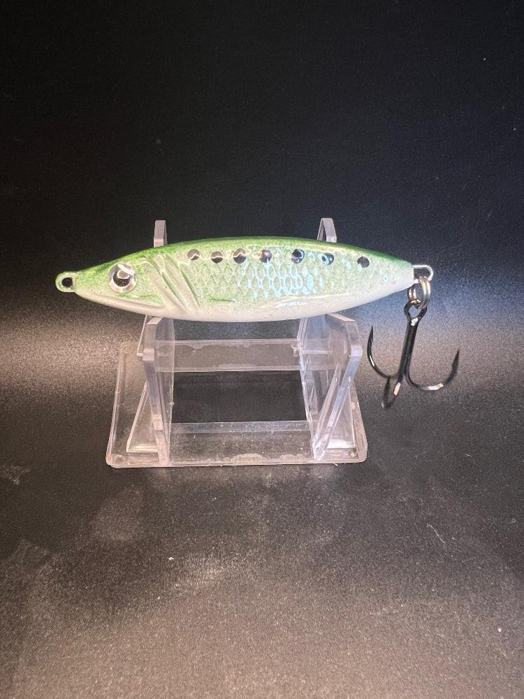 Bass Sabbath UV jigging spoon, 1.25 oz, light green shad finish with treble hook