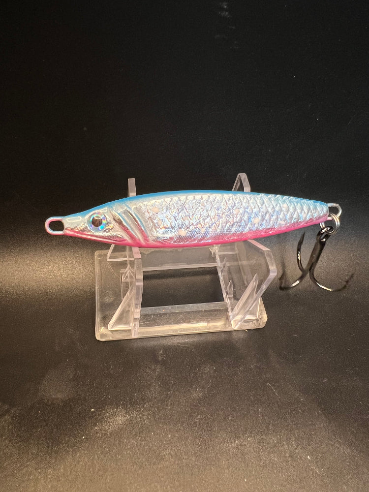 UV glow jigging spoon, iridescent blue-pink finish with treble hook, 2 oz