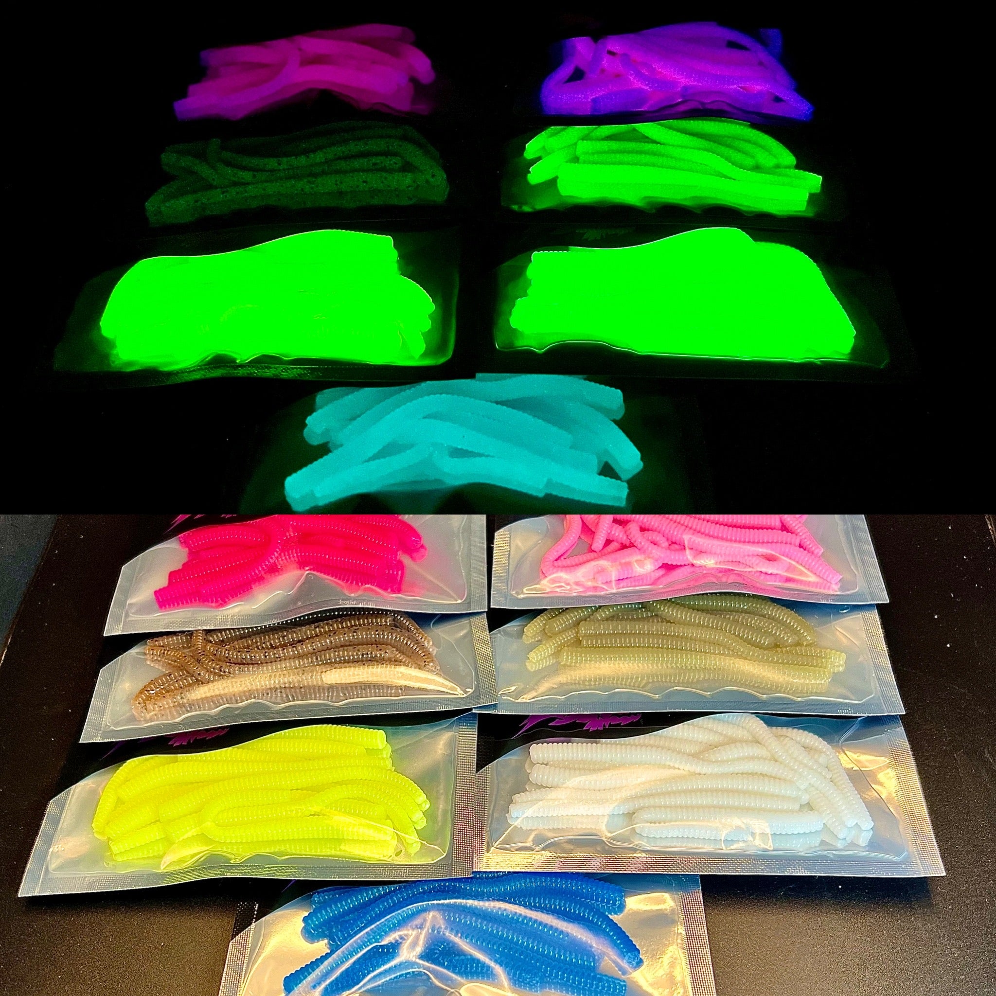Chrome Crawler soft plastic crawlers in glow colors: neon green, aqua, yellow, white, blue