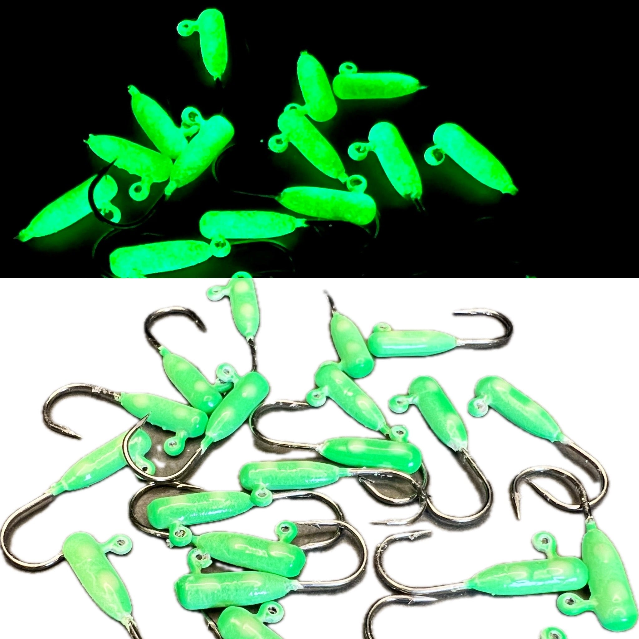 Glow UV green tube jigs with curved hooks, #4 size (pack of multiple jigs)