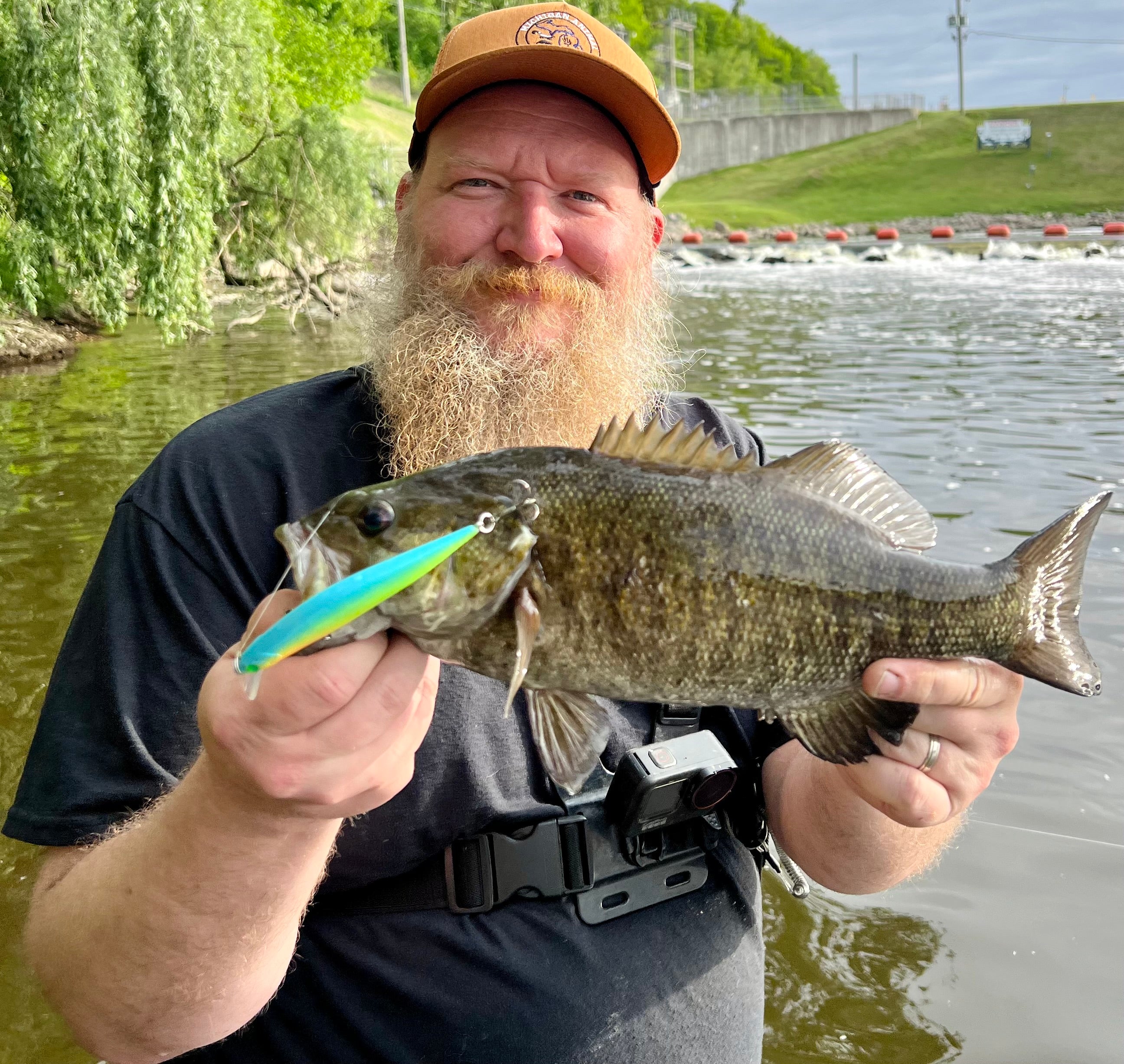 Fish with a blue-green and neon jerkbait lure held near the mouth, treble hooks.