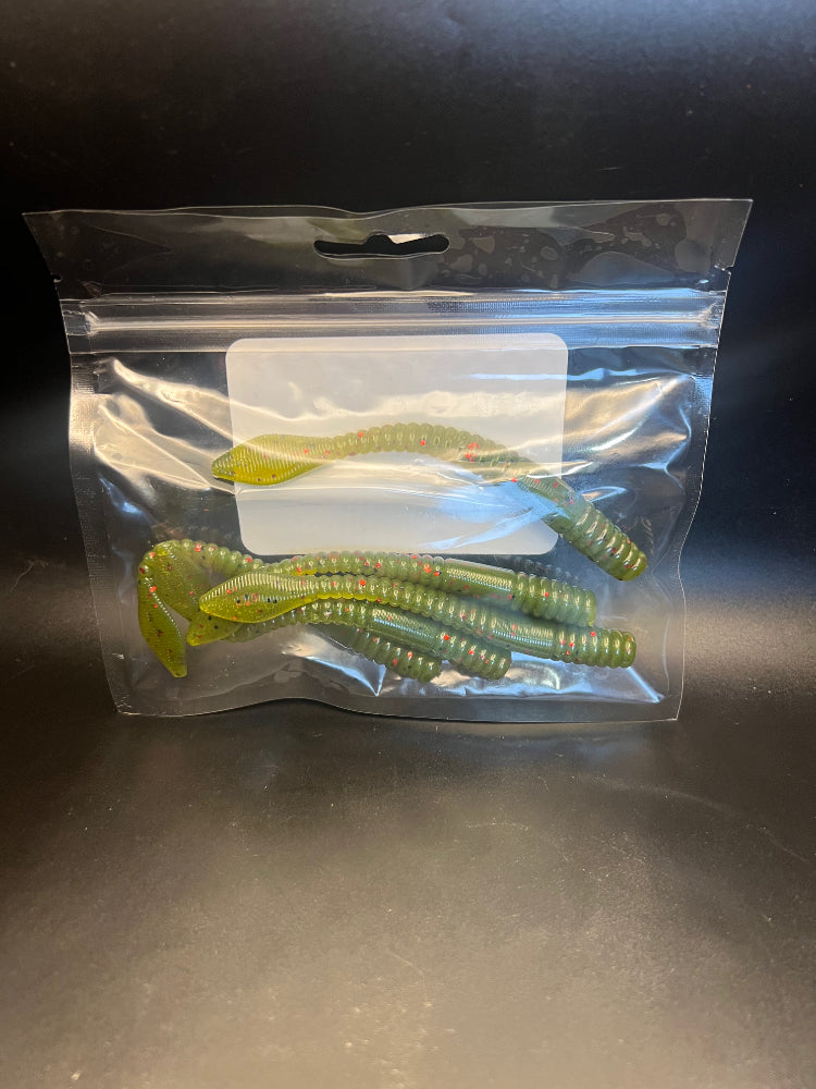 Soft plastic crawler bait set in green/chartreuse with ribbed segmented bodies in clear bag