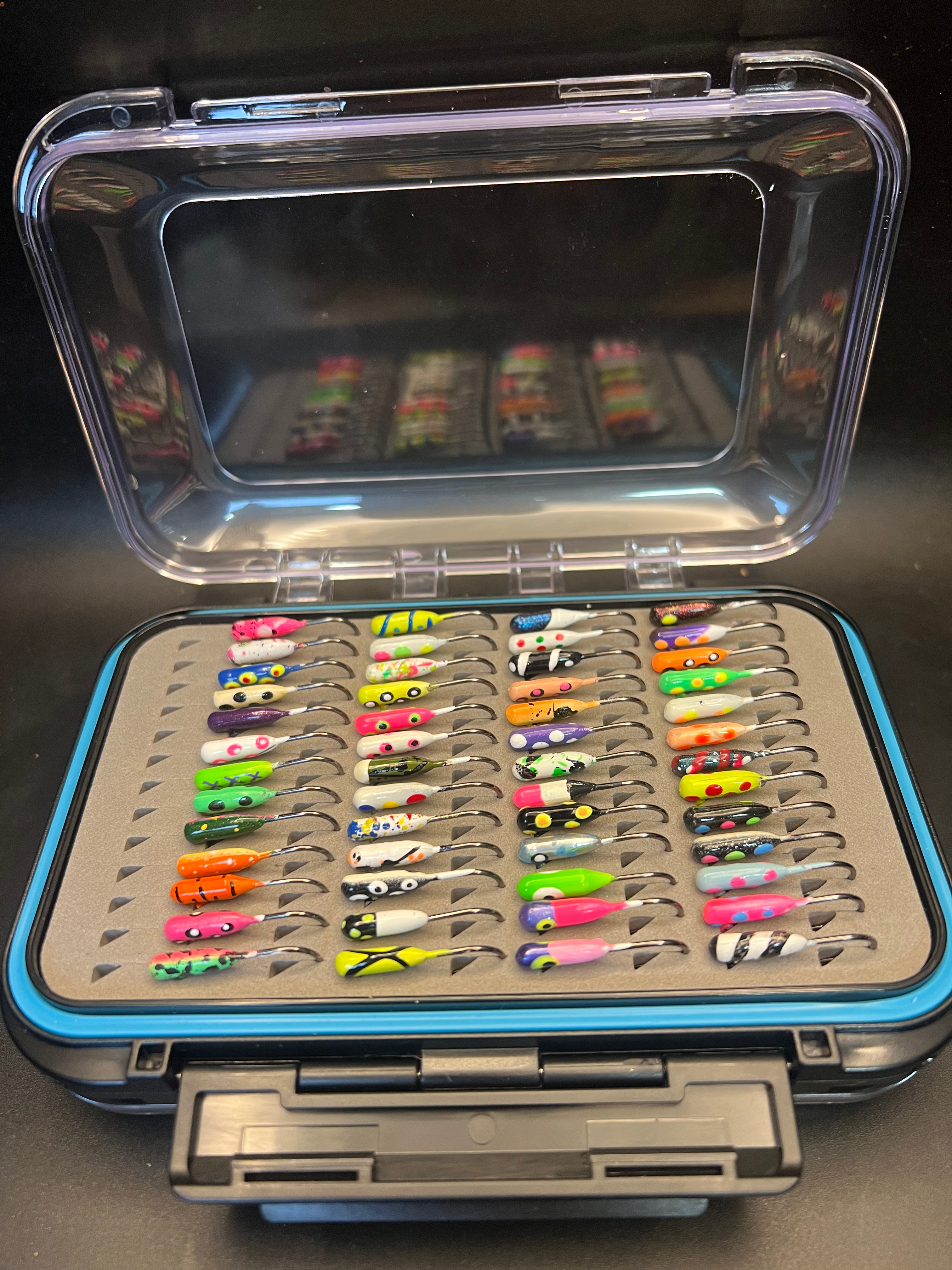 Double-sided jig box open with steelhead tube jigs and Voodoo hooks