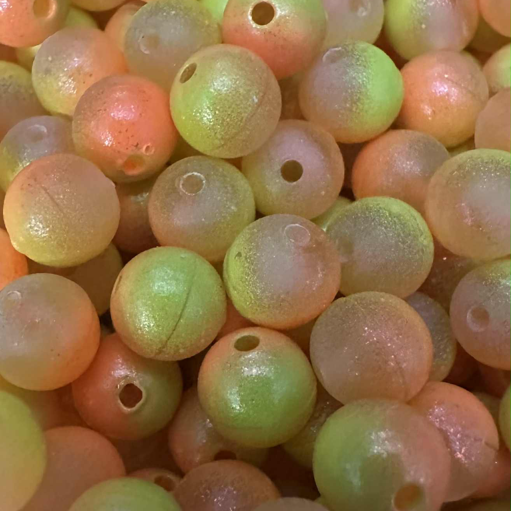 Sault St. Sunrise UV Glow fishing beads, round plastic beads in pastel green and peach