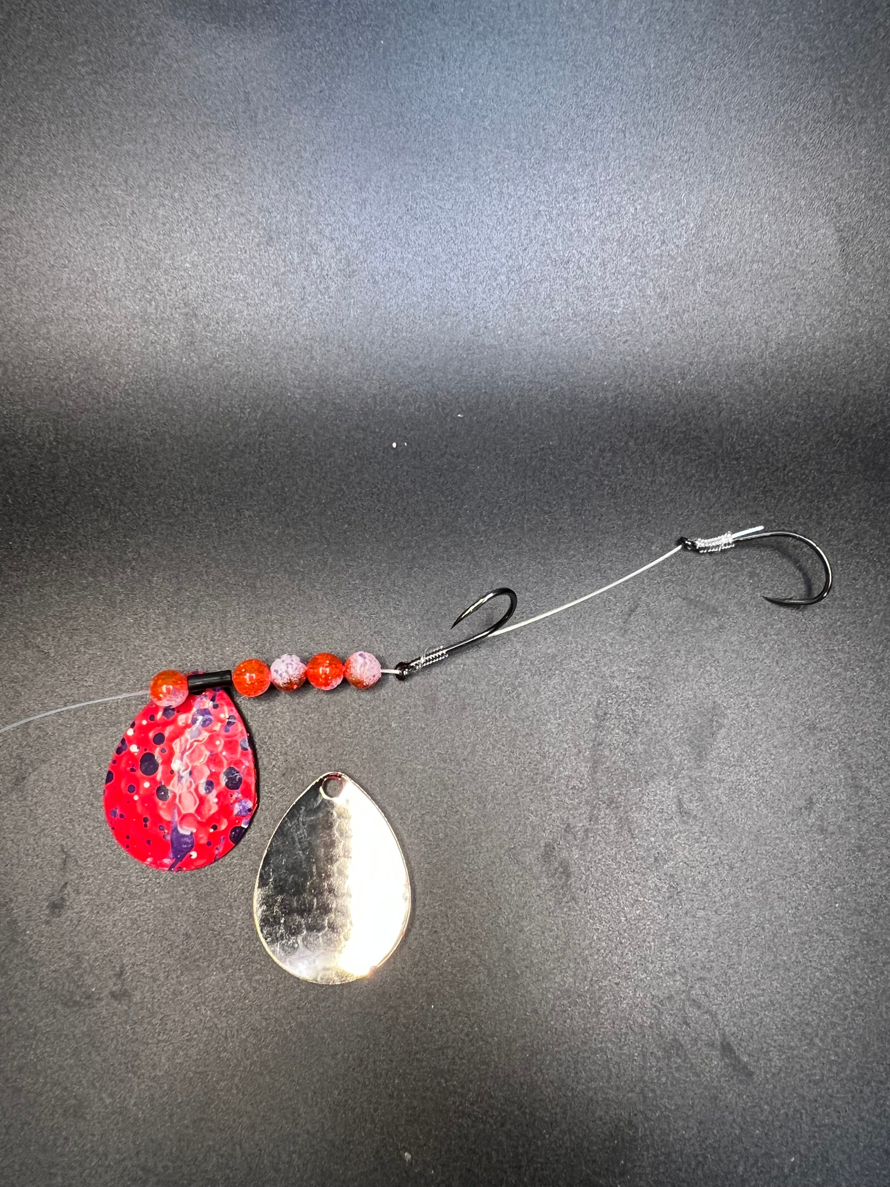 Fishing crawler harness with removable #4 blade and size 1 hooks, red and silver spinner blades