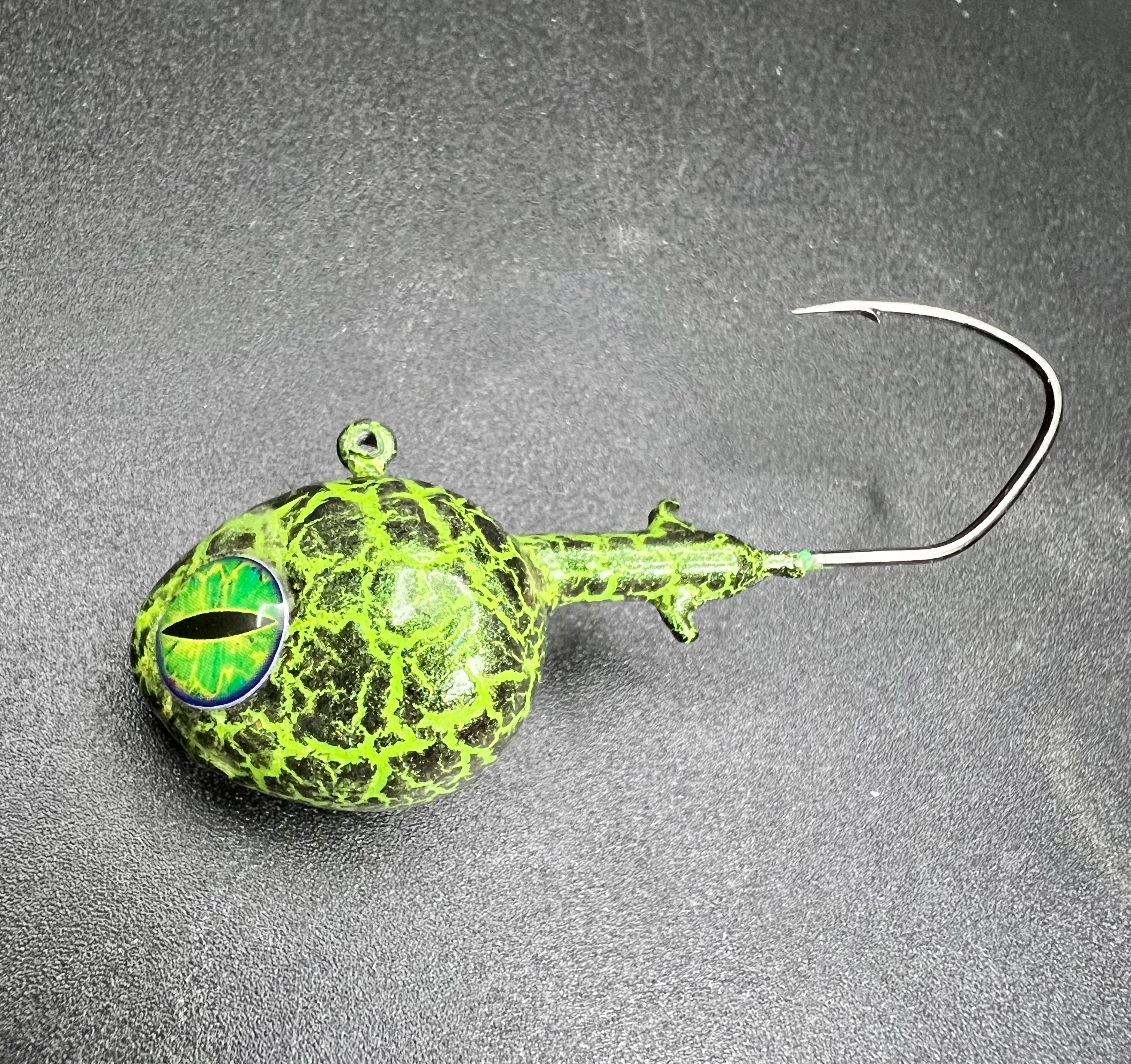 UV Walleye jig, neon green chartreuse ball head with patterned body and sharp hook