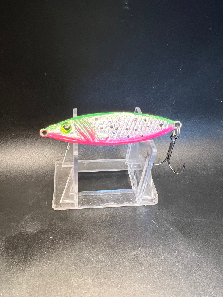Fall Trout Boy 1.25 oz UV salmon jigging spoon with treble hook, green/pink/white