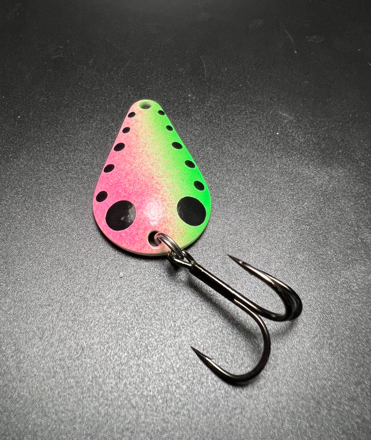 Mars Mellon TJ Bobbler lure, neon pink-green teardrop with black spots and double hooks