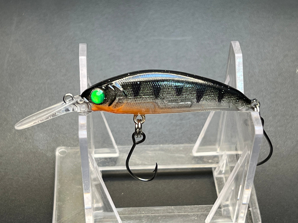Micro deep sinking jerkbait with silver-blue body, green eye, orange stripe, treble hook