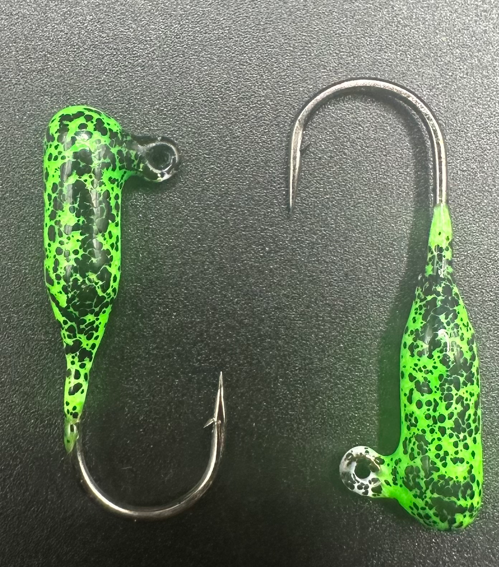 Green speckled tube jigs with curved metal hooks and clear eyelets