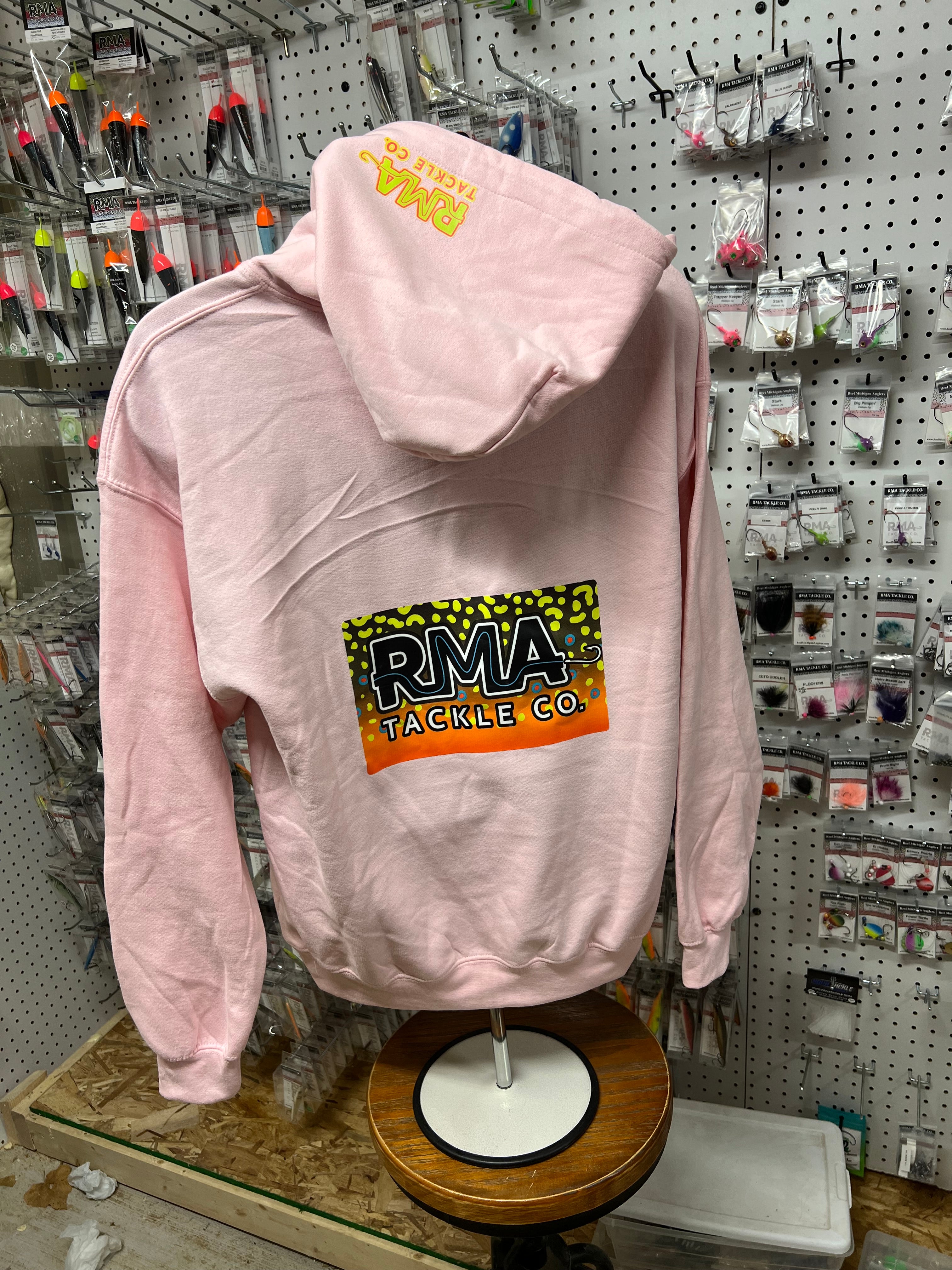 Large pink pullover hoodie with RMA Tackle Co logo on back, pouch pocket