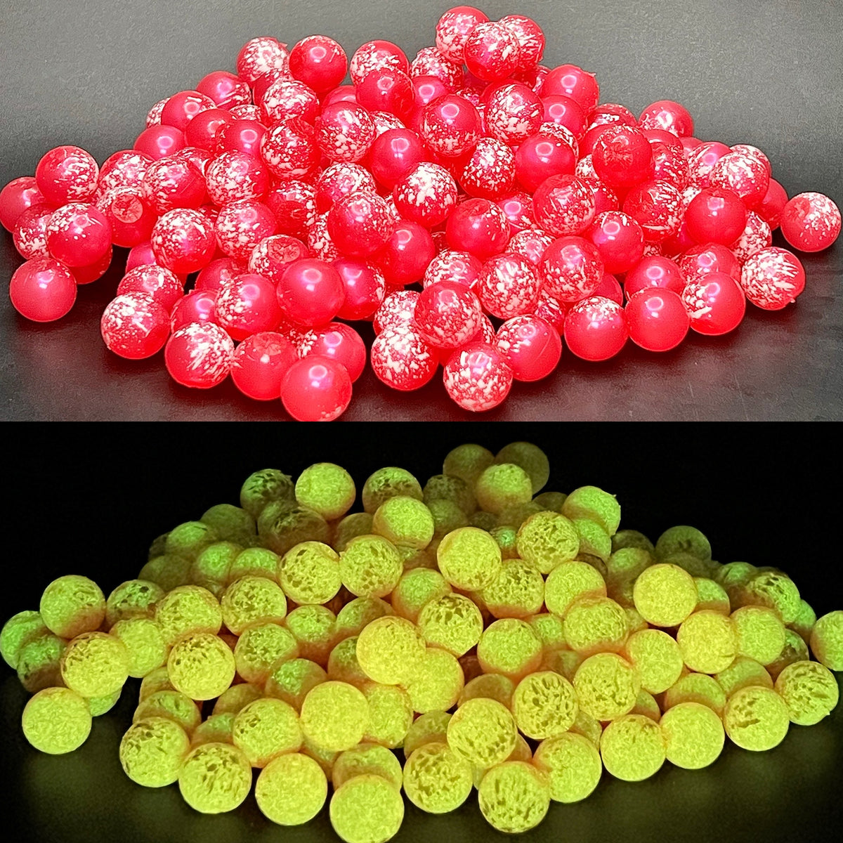 Assorted round soft beads in red and neon green
