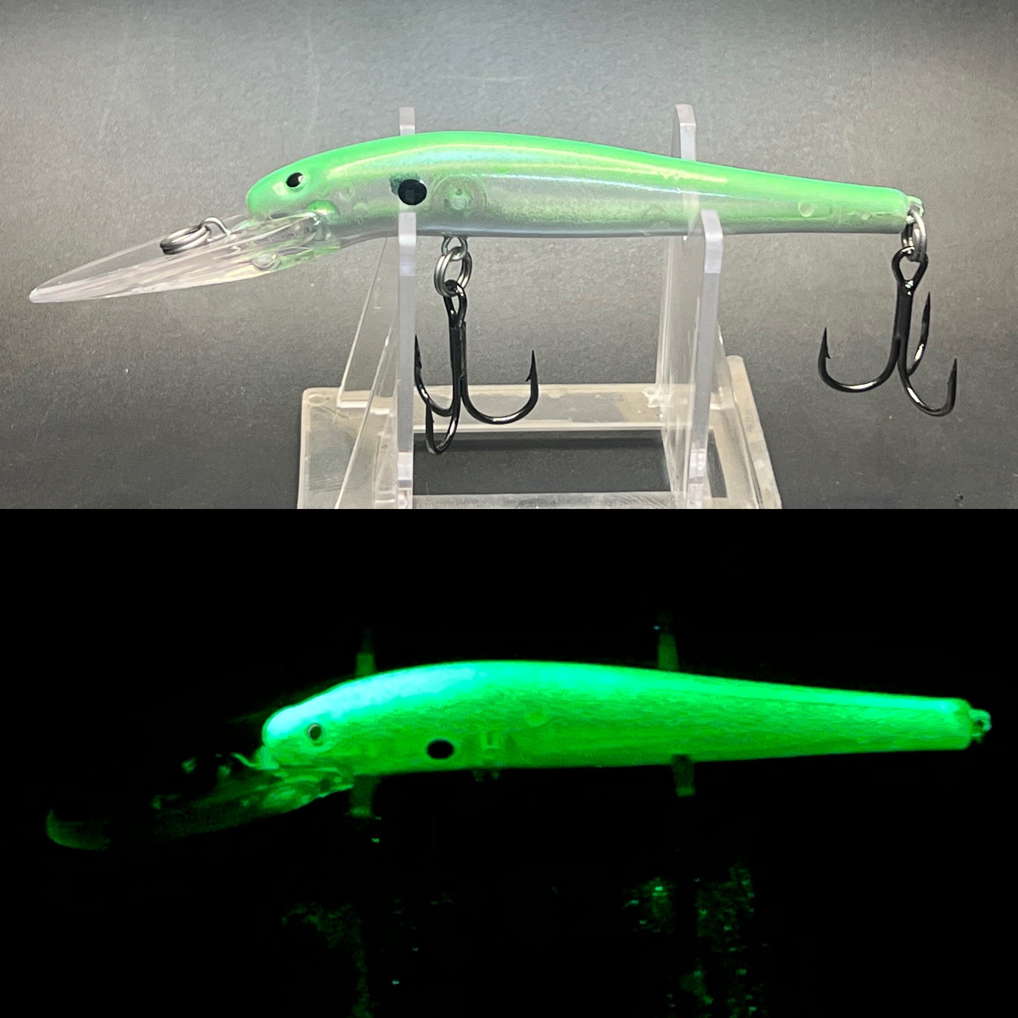 Green UV glow fishing lure with clear body and dual treble hooks