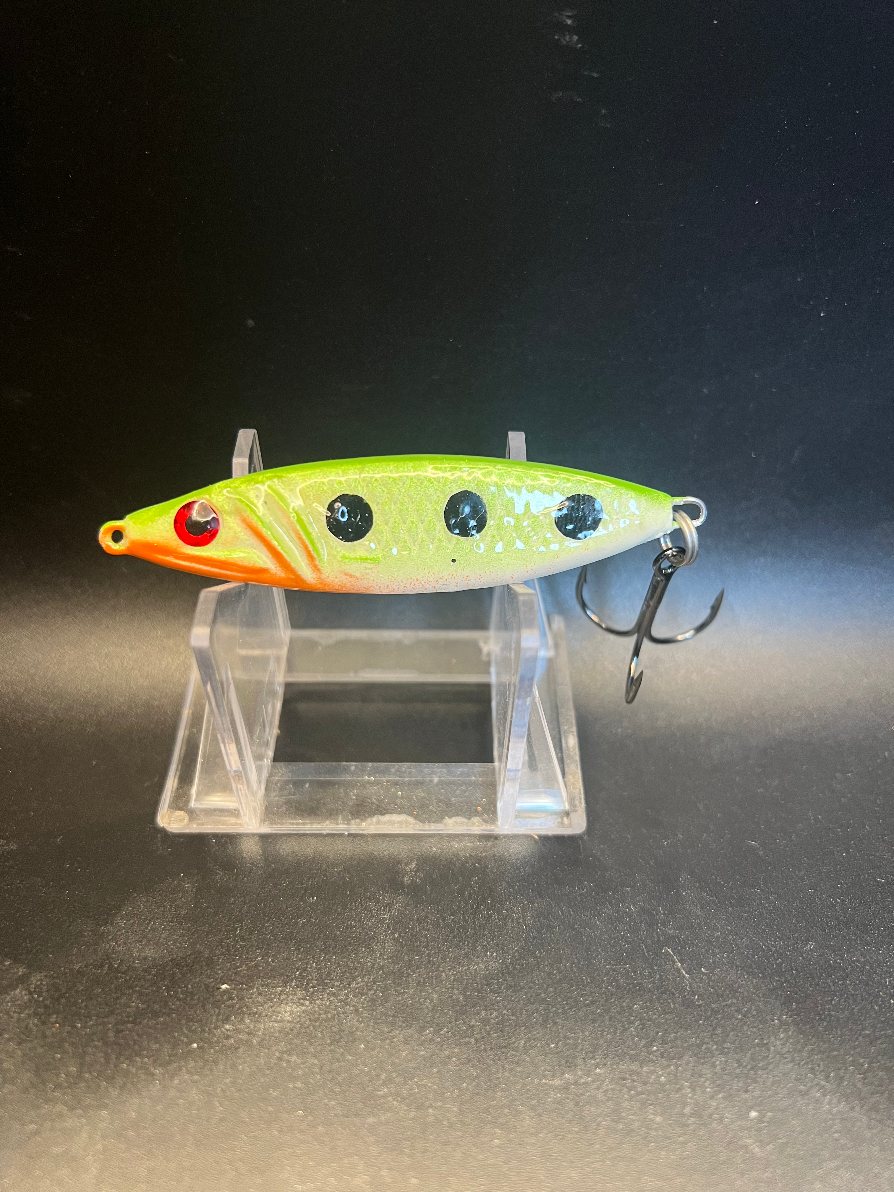 Fleetwood mackerel UV 1.25 oz salmon jigging spoon, neon green body with orange head