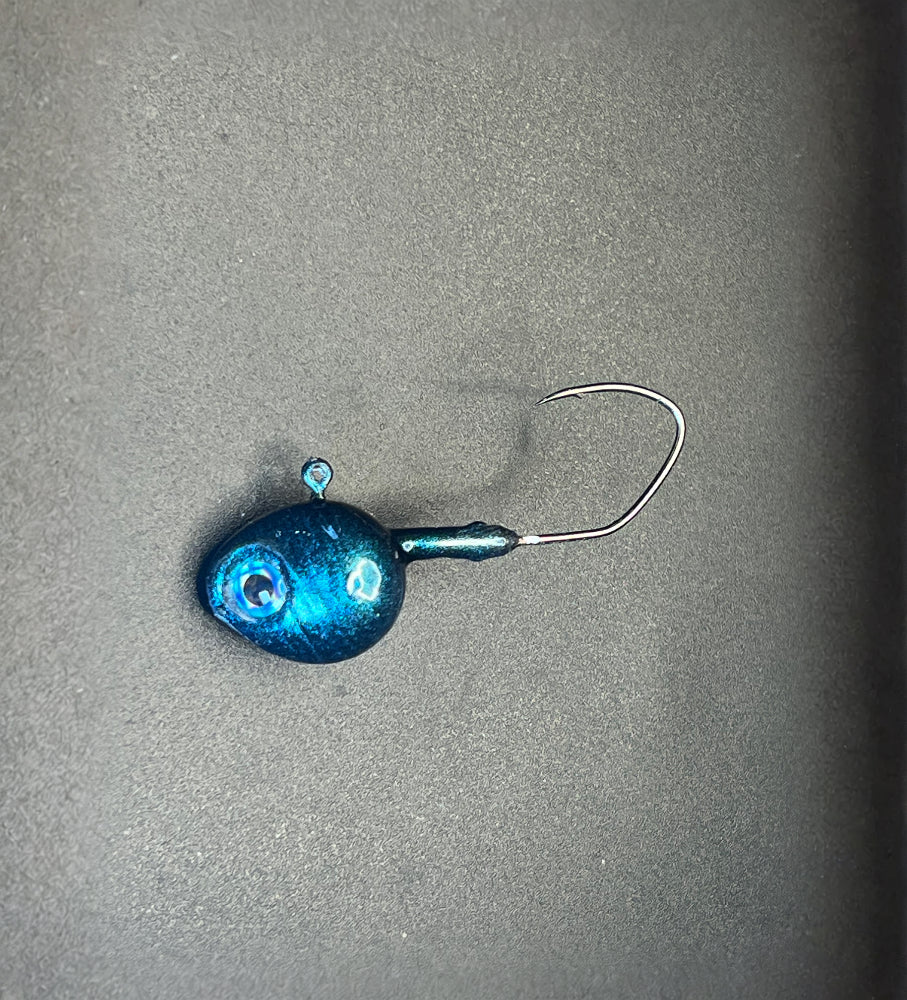 Beast UV Walleye jig, dark blue lead head with sharp hook
