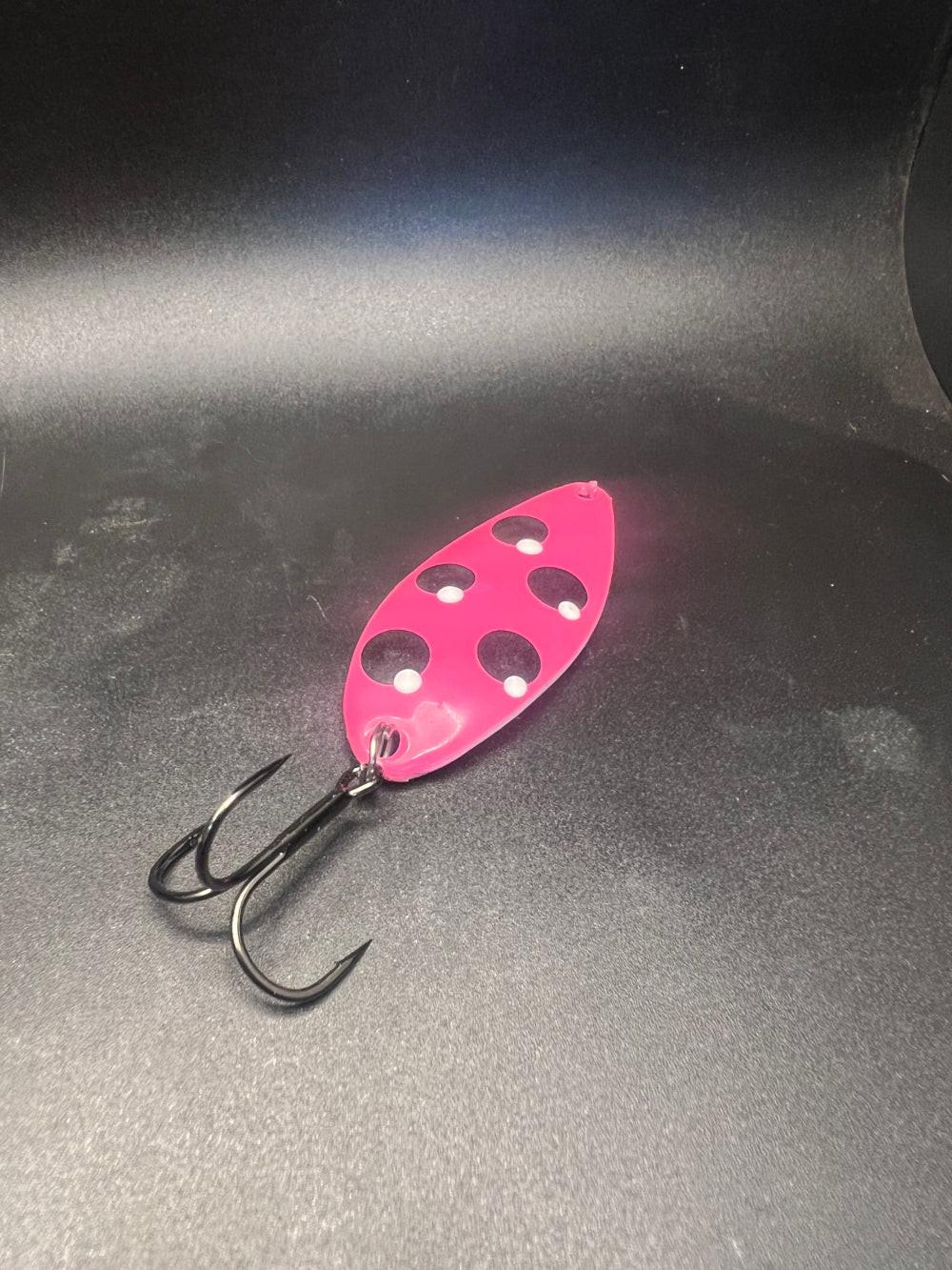 Toxic Waste Super Pink Glow Little Cletus lure, pink with white dots and twin treble hooks