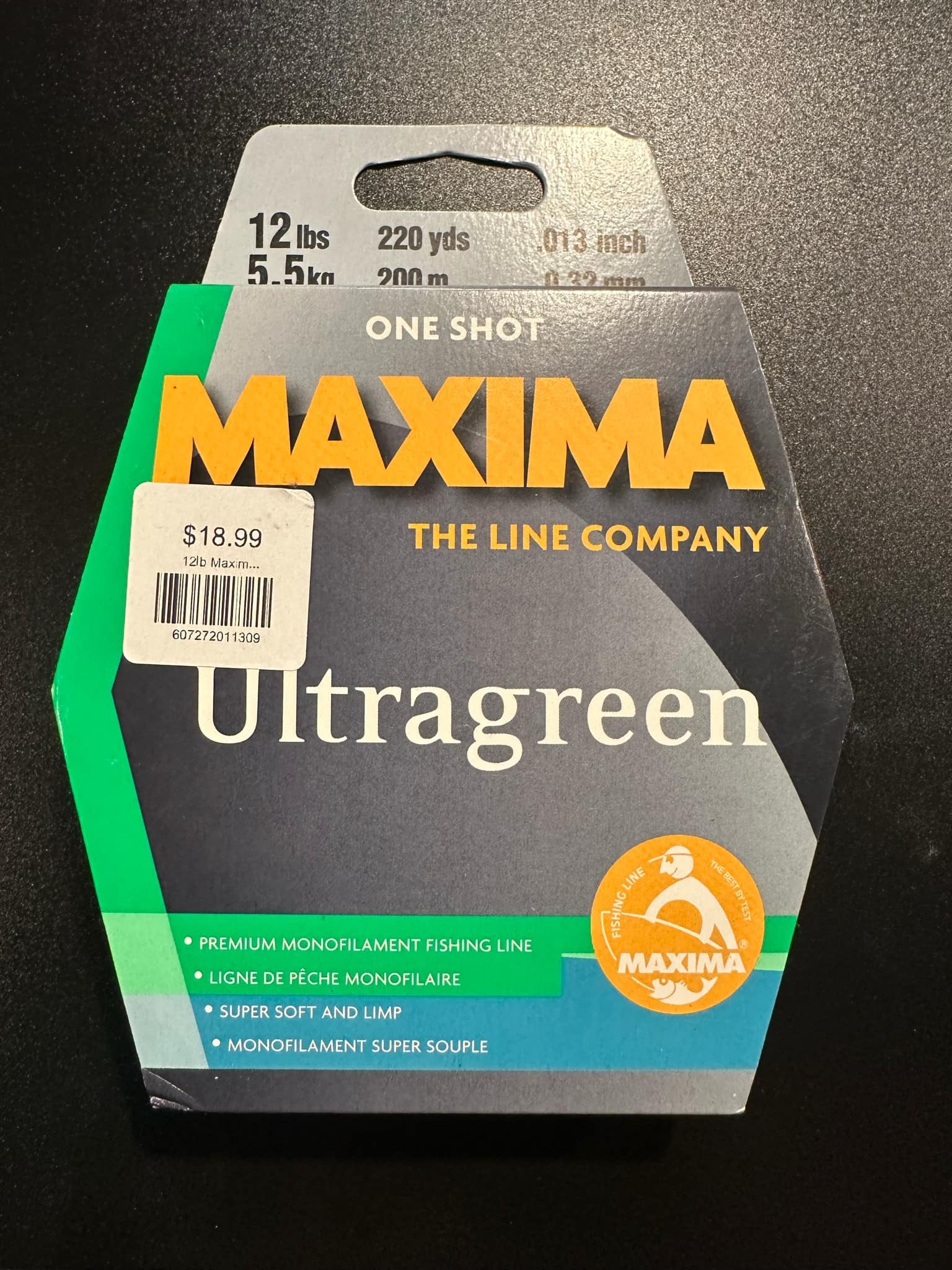 Maxima Ultragreen monofilament fishing line spool, 12 lb, 220 yd