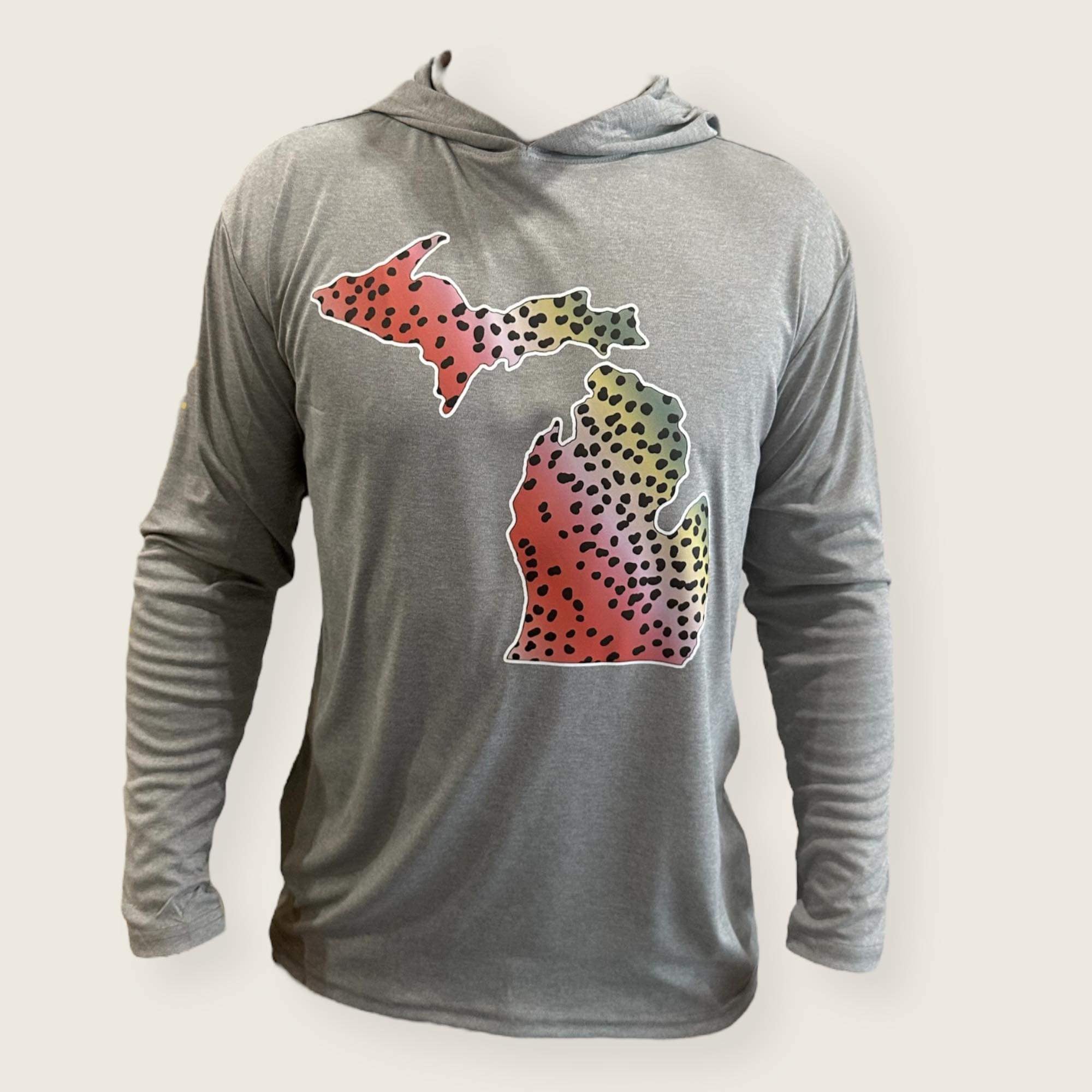 Grey hooded sun shirt with long sleeves and Michigan anglers graphic on chest