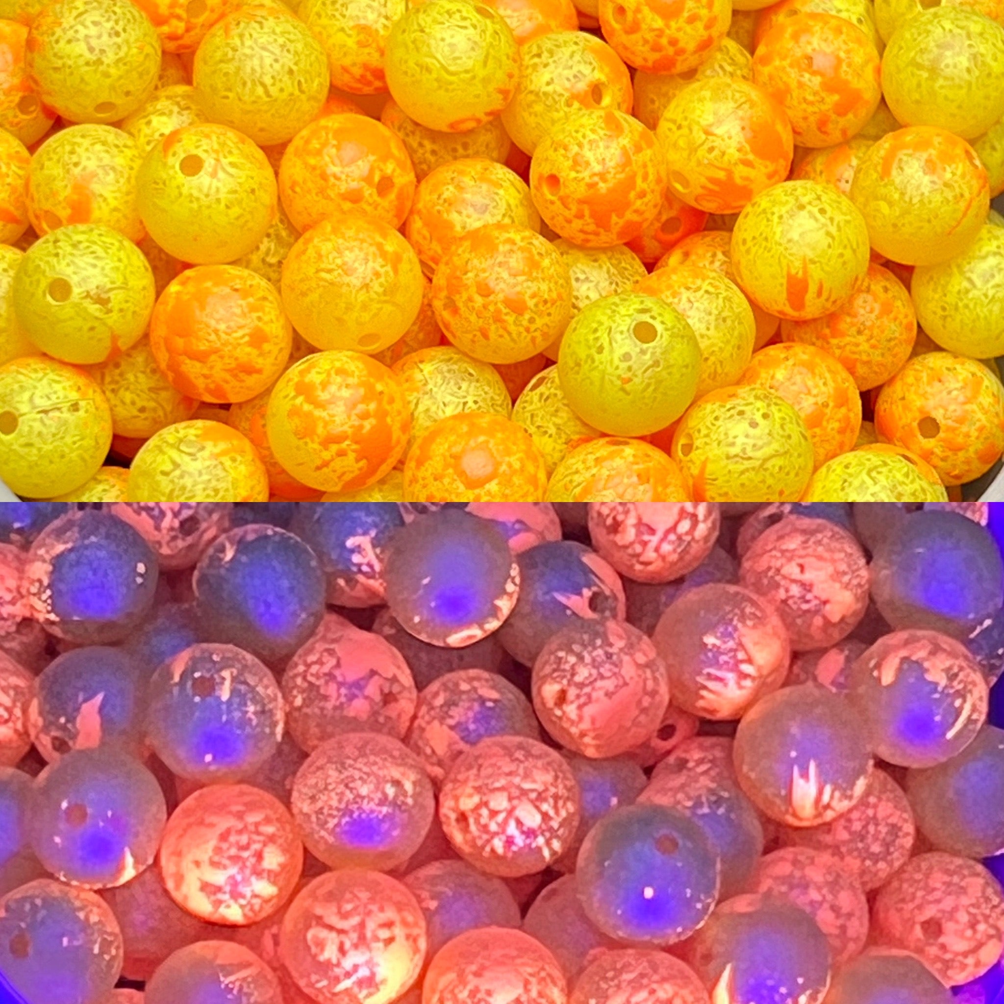 Assorted round UV fishing beads in yellow-orange and pink with glowing purple sheen