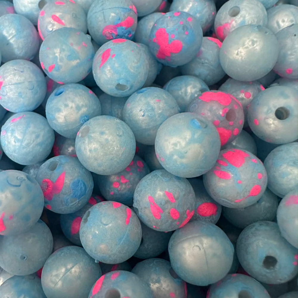 Beadhog UV glow fishing beads, light blue with pink spots and central hole