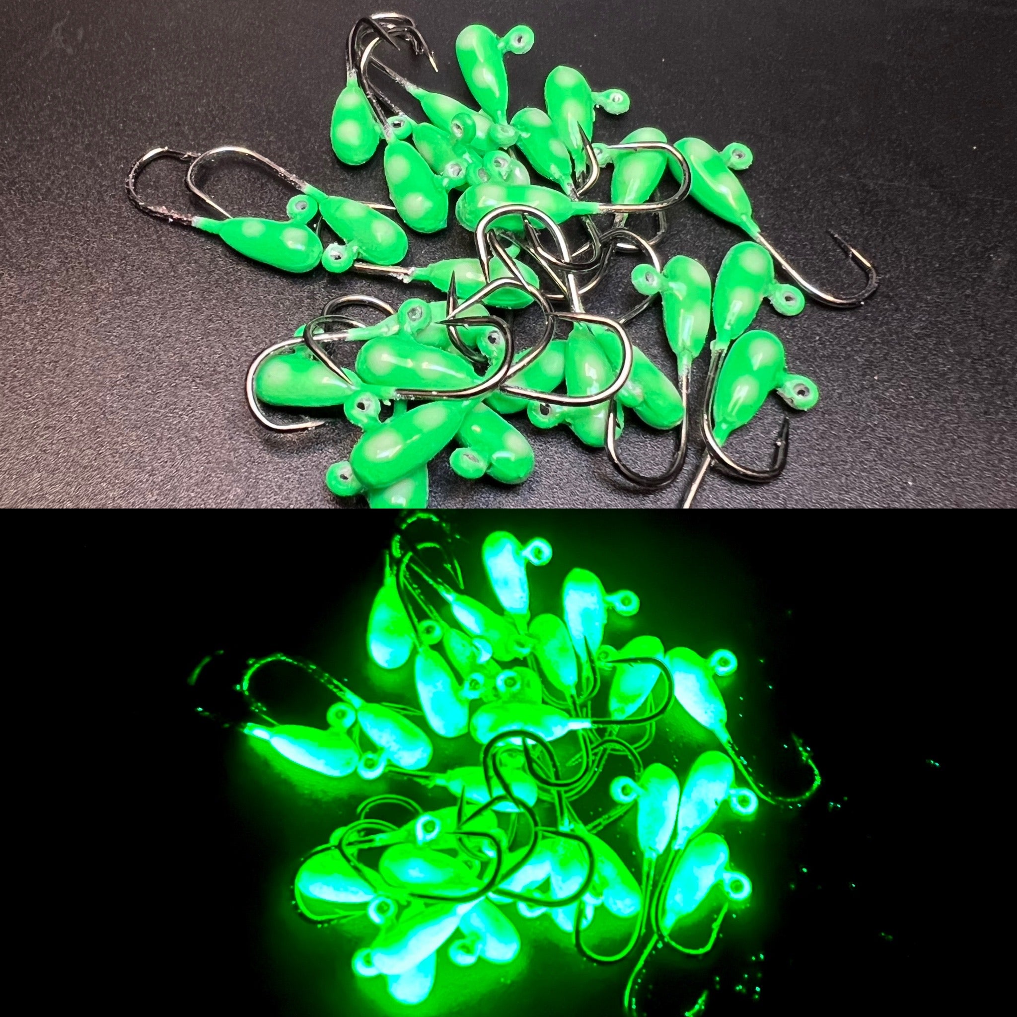 Glowzilla Green Triple UV Steelhead Jig with #6 3X strong hook, featuring a bright glow and triple UV coating for fishing.