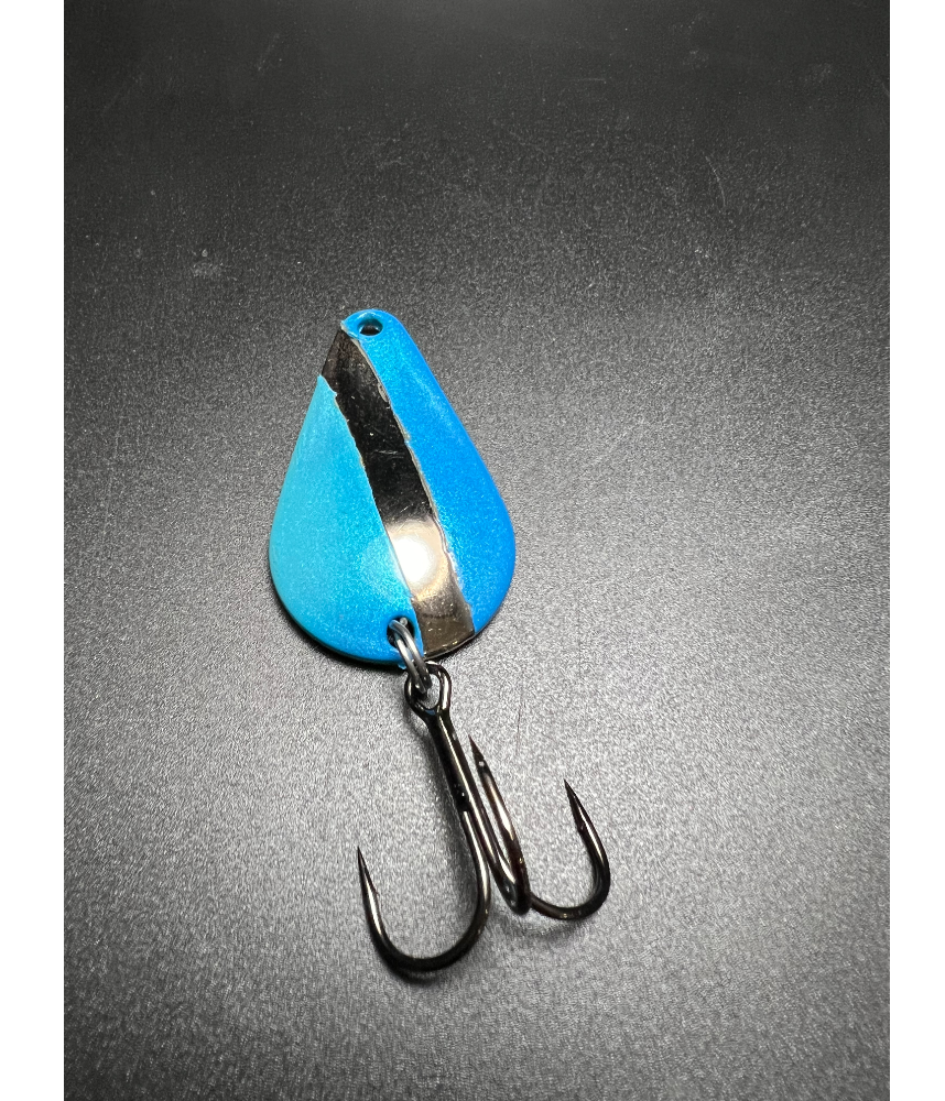 Blue spinner lure with treble hooks and metal loop, reflective blade