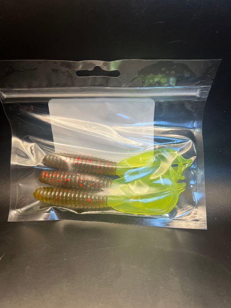 Soft plastic crayfish lure set in translucent green with red-speckled bodies