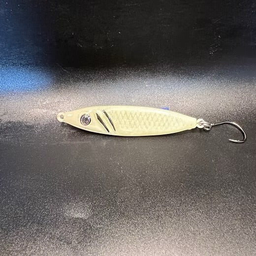 Whitefish striped jigging spoon, light cream body with dark V fins and treble hook