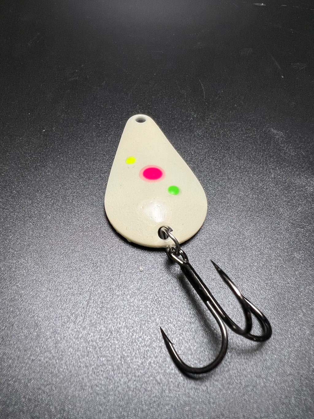 Moldy Bread Super Glow TJ Bobbler, cream teardrop lure with treble hooks