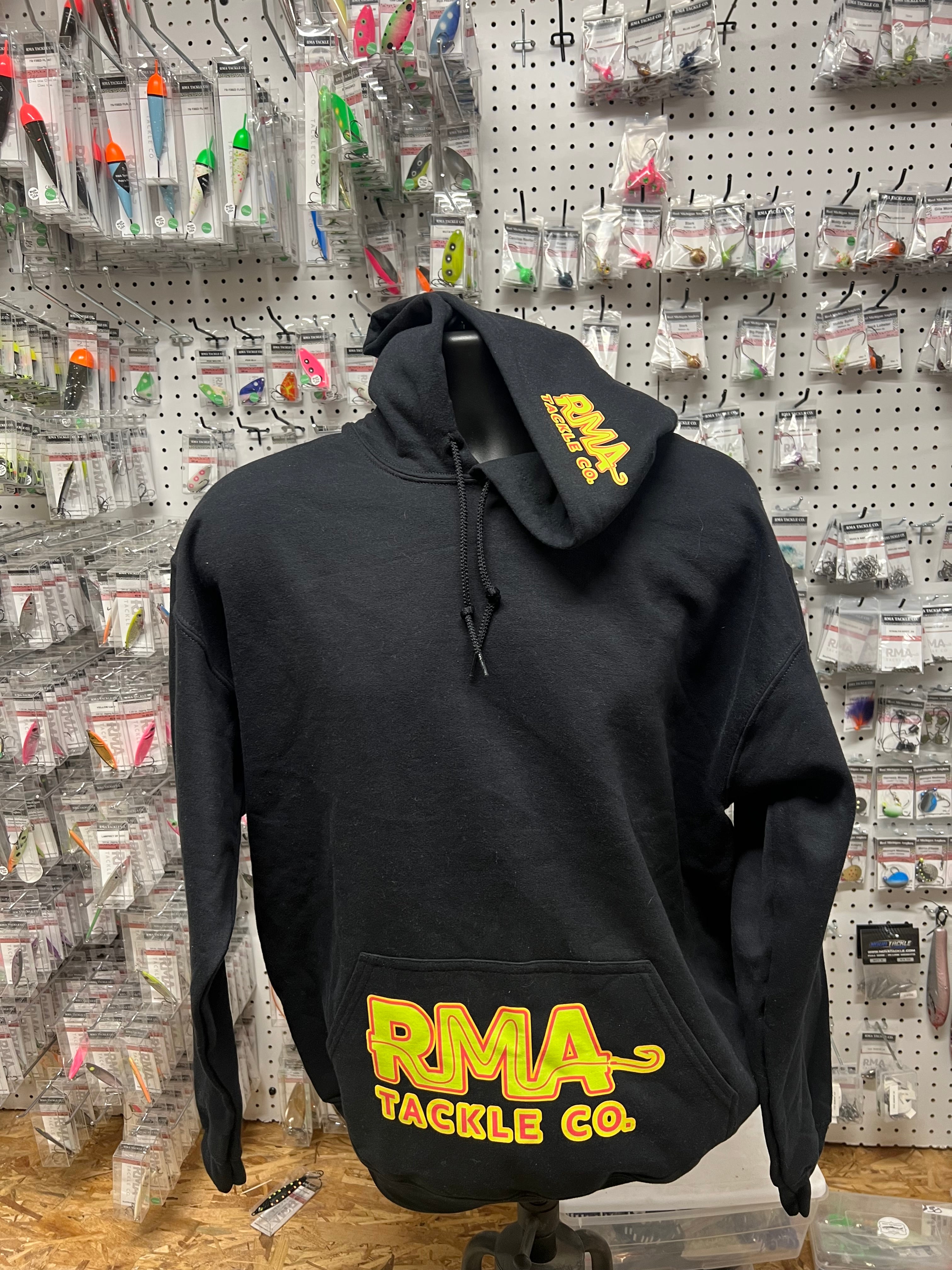 Black RMA hooded pullover sweatshirt, front logo and kangaroo pocket