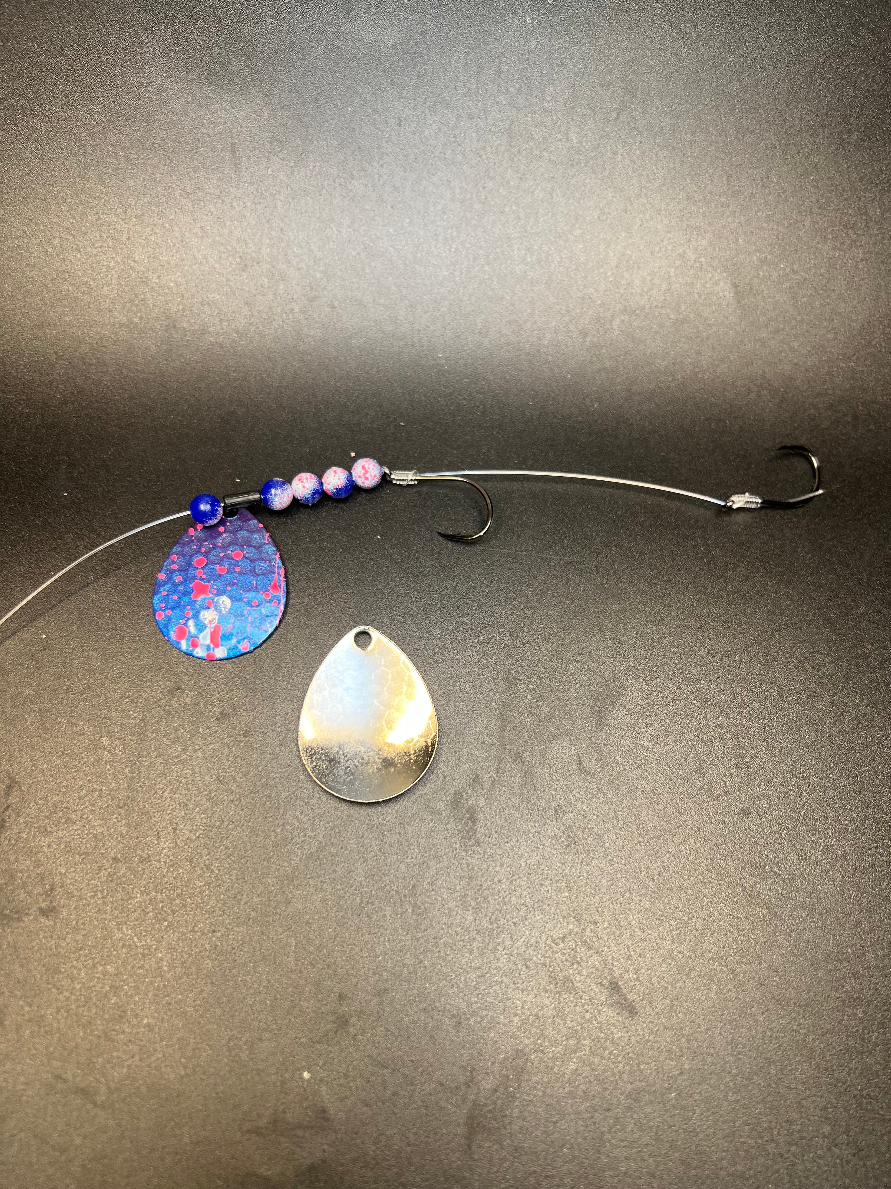 Fishing lure harness with bead chain, spinner blades, and single hook