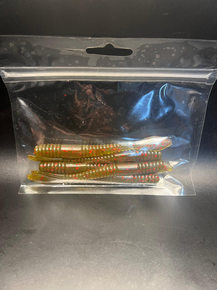 Soft plastic crawler bait set in green with red speckles and a silver head in clear bag
