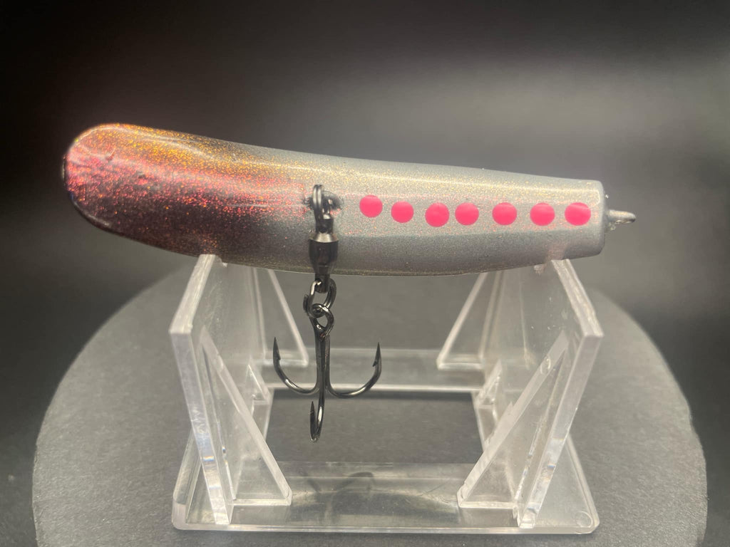 Disco Flash Swiftfish lure, silver glitter body with red dot stripe and treble hooks