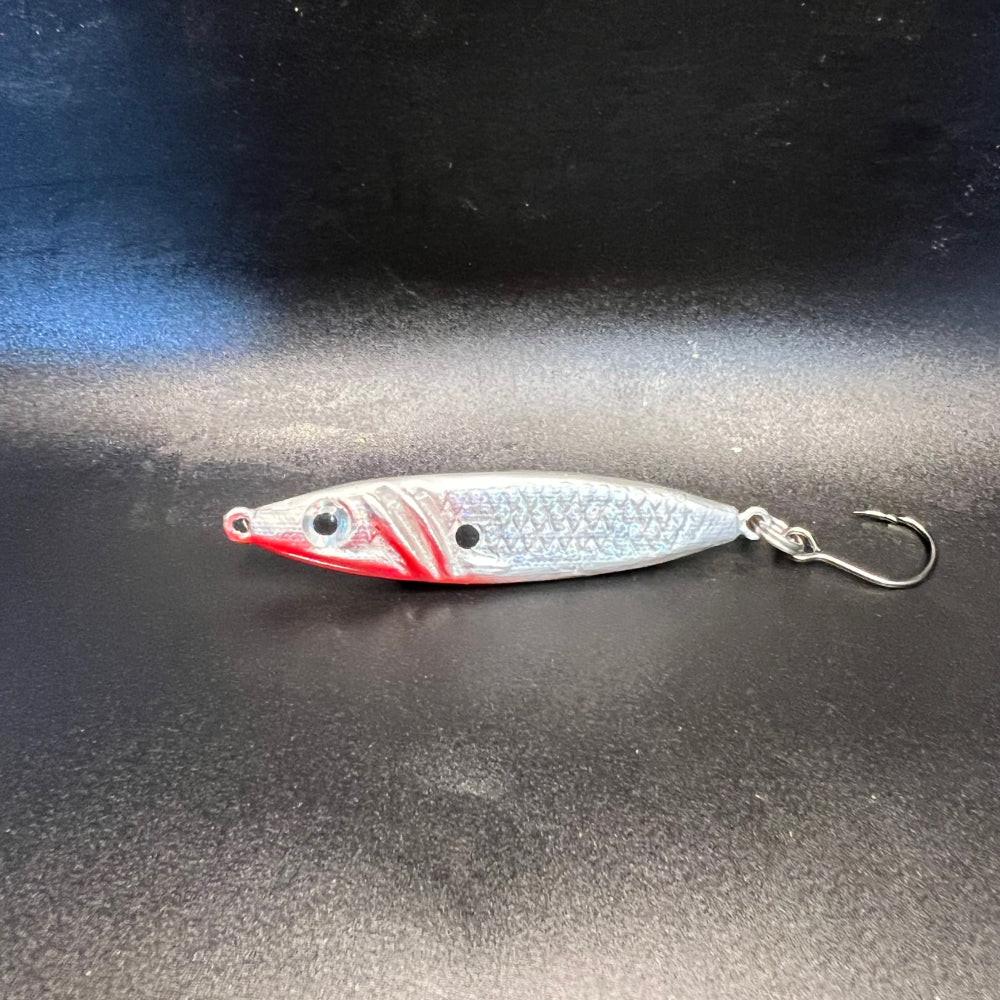 3/4 oz jigging spoon in silver with red stripes, treble hook and split rings
