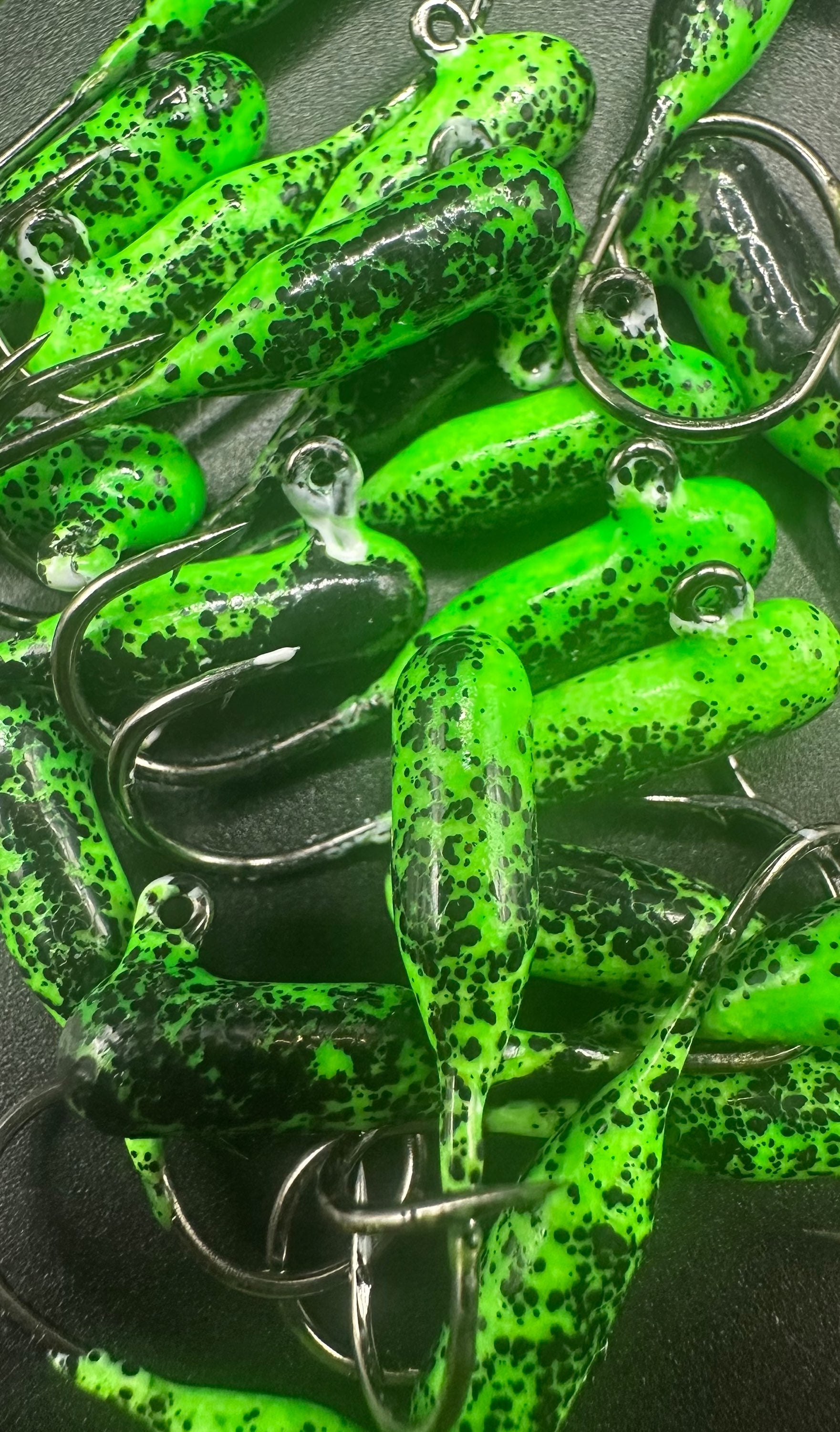 Green speckled tube jigs with silver wire hooks