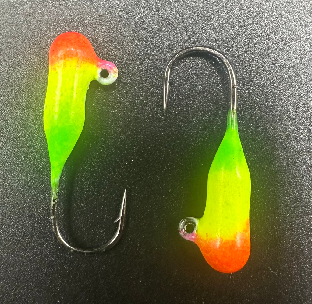 Steelhead tube jig, chartreuse body with orange tail, offset hook