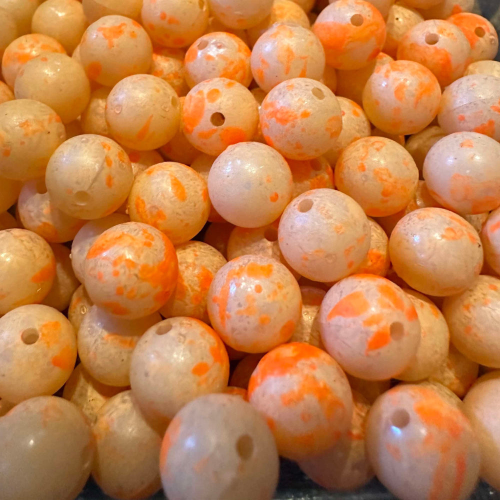 UV Glow fishing beads, white with orange speckles, round plastic beads with holes