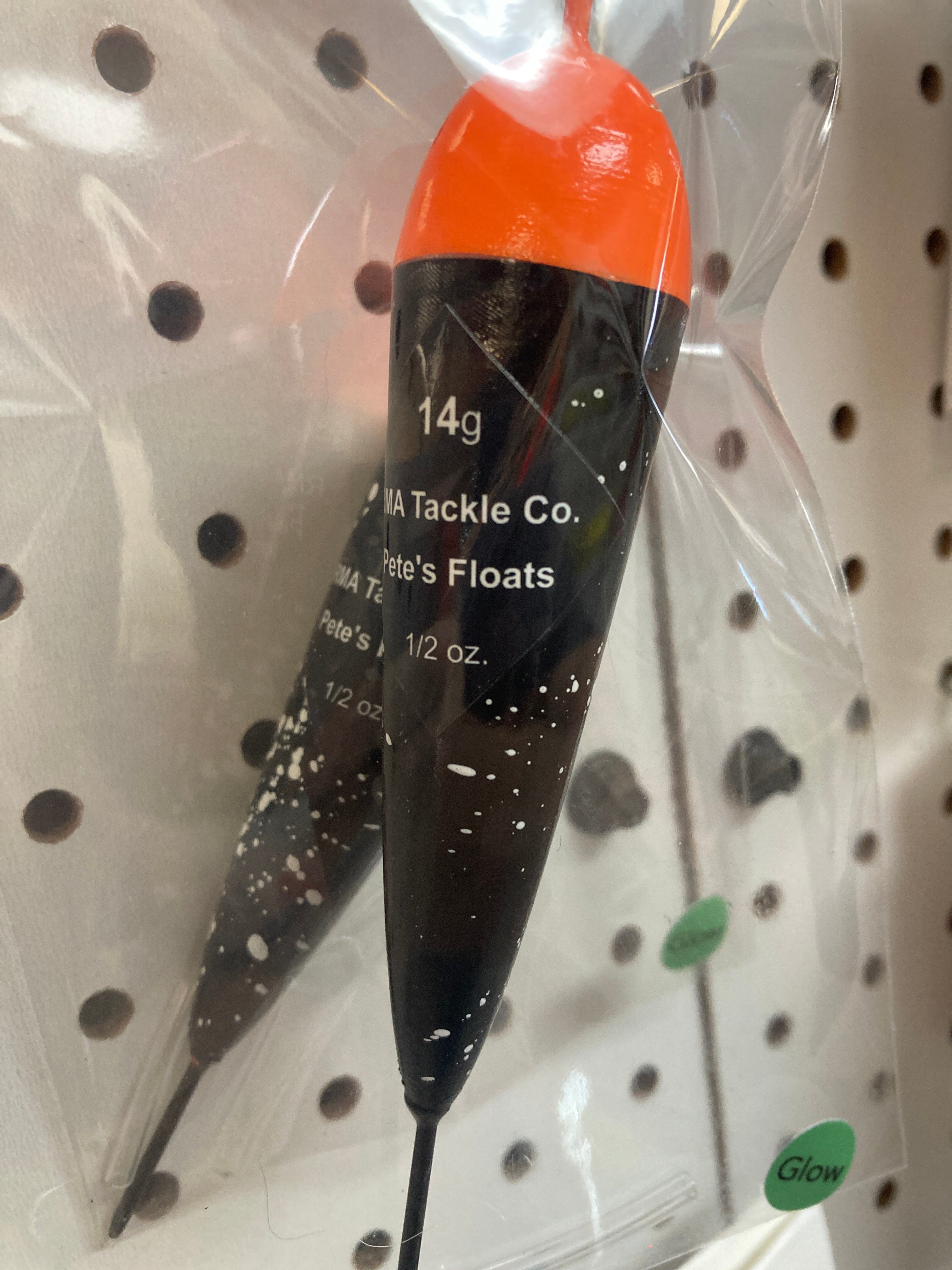 Glow-in-the-dark fixed fishing float, orange top and black body, 14g, in bag