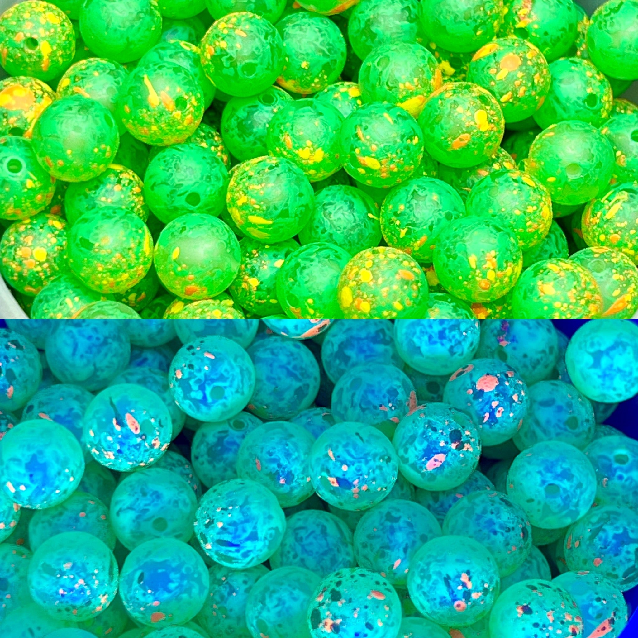 UV fishing beads in bright green and blue, round with glitter flecks