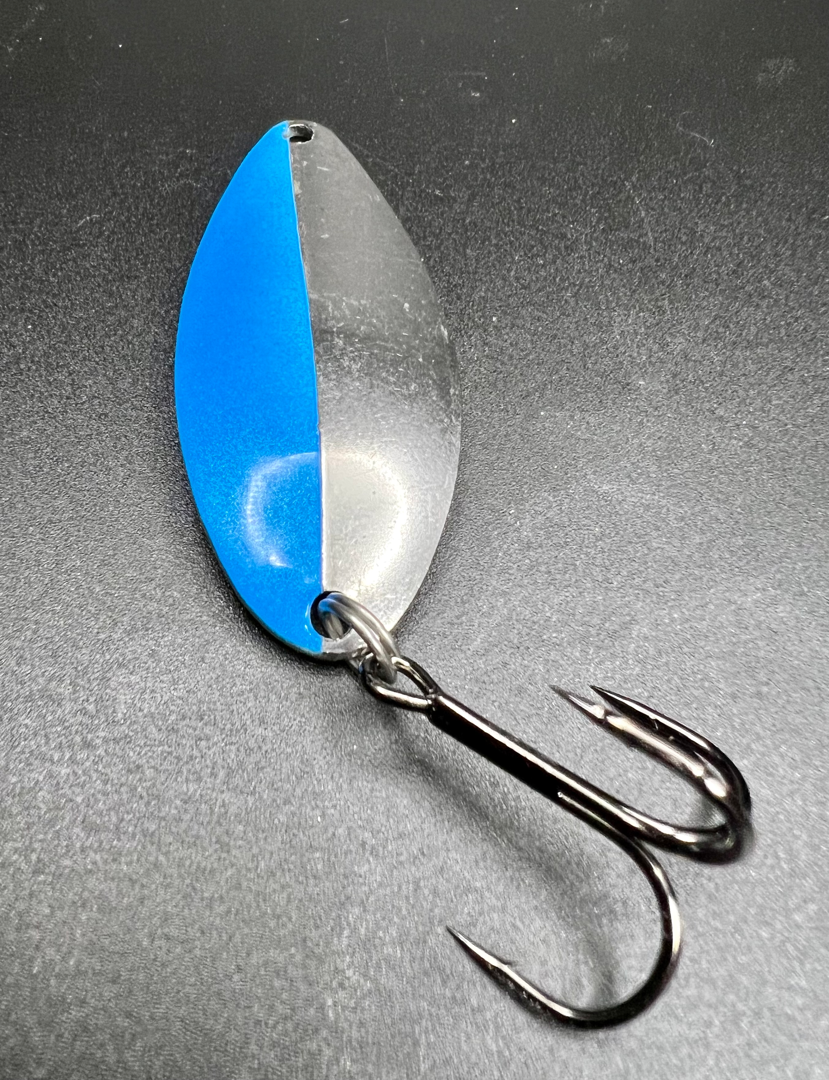 Blue Steel Little Cletus spinner lure, blue metal blade and treble hook