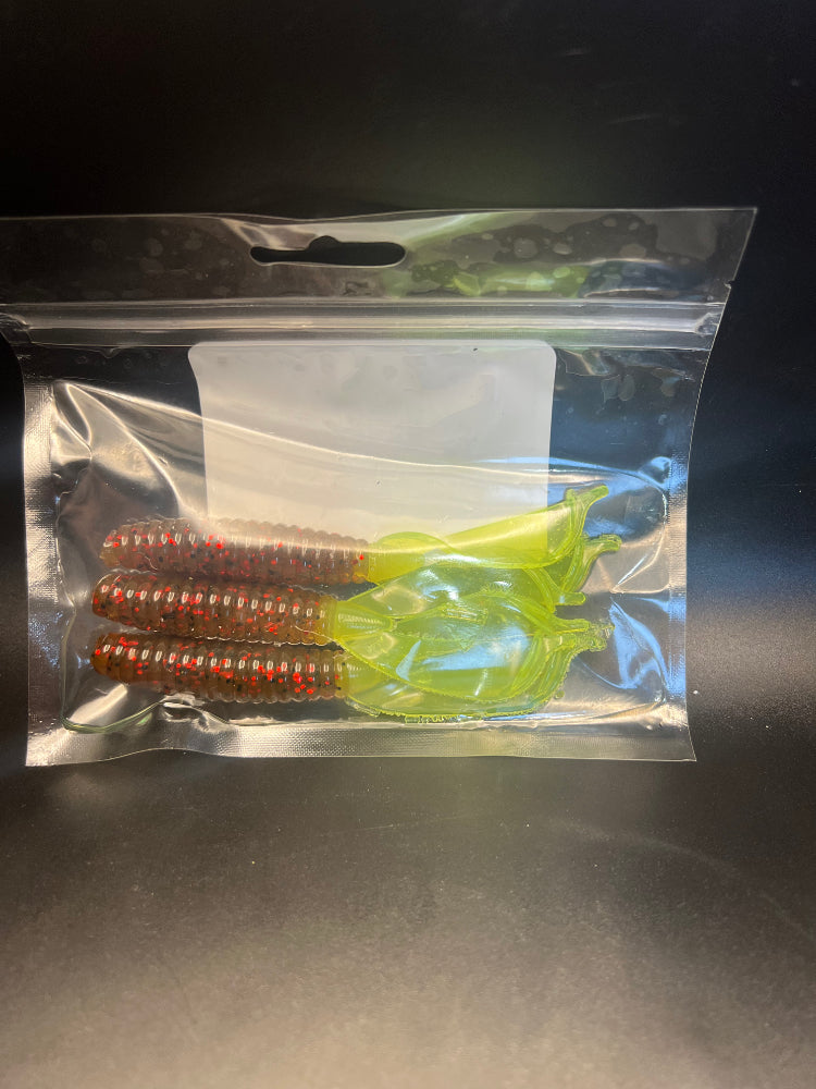 Soft plastic crayfish lure set in bright green bodies with red-speckled tails