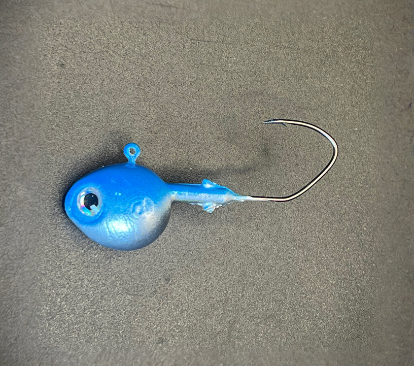 Blue steel UV walleye jig with blue head, single fishing hook