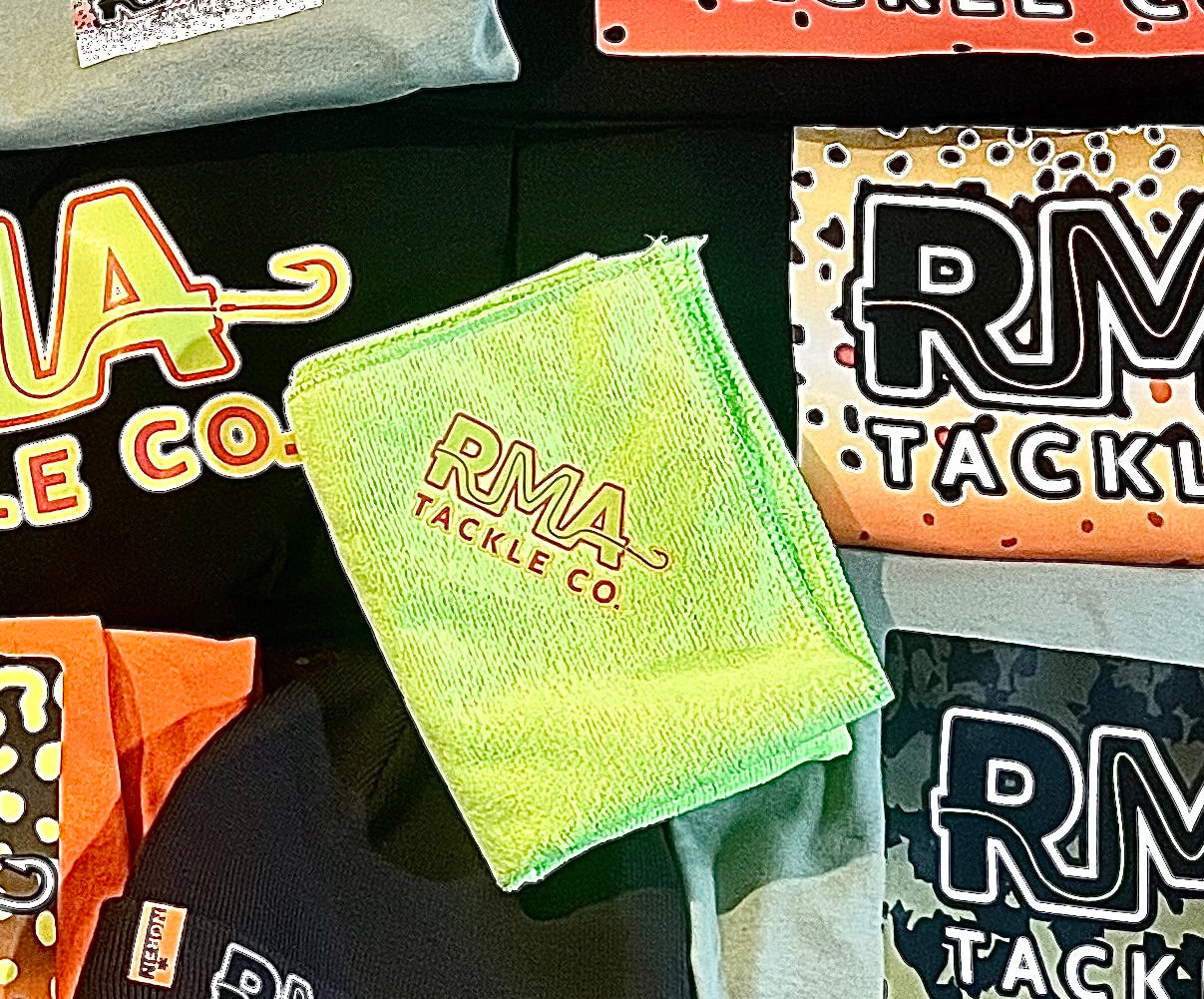 Neon green quick-dry fishing hand towel with RMA Tackle Co logo