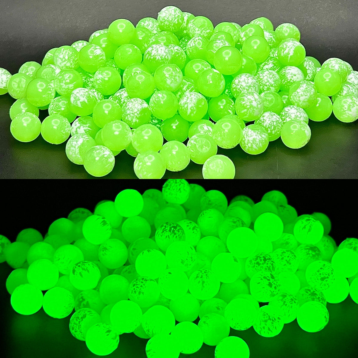 Neon green soft bead strand with glossy round beads