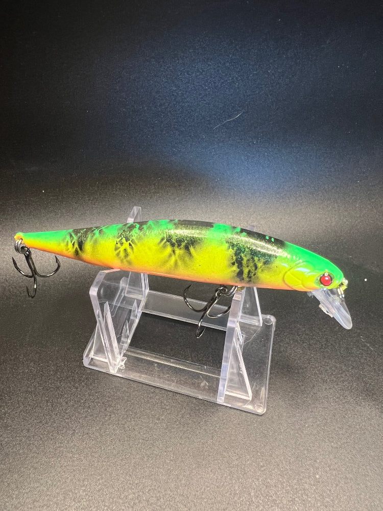 Tiger Kang jerkbait, fluorescent yellow-green and orange, 3x treble hooks