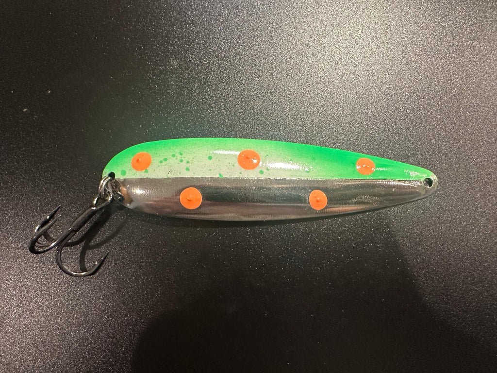 Earth Trolling Spoon wobbler lure, green silver with orange dots and treble hooks