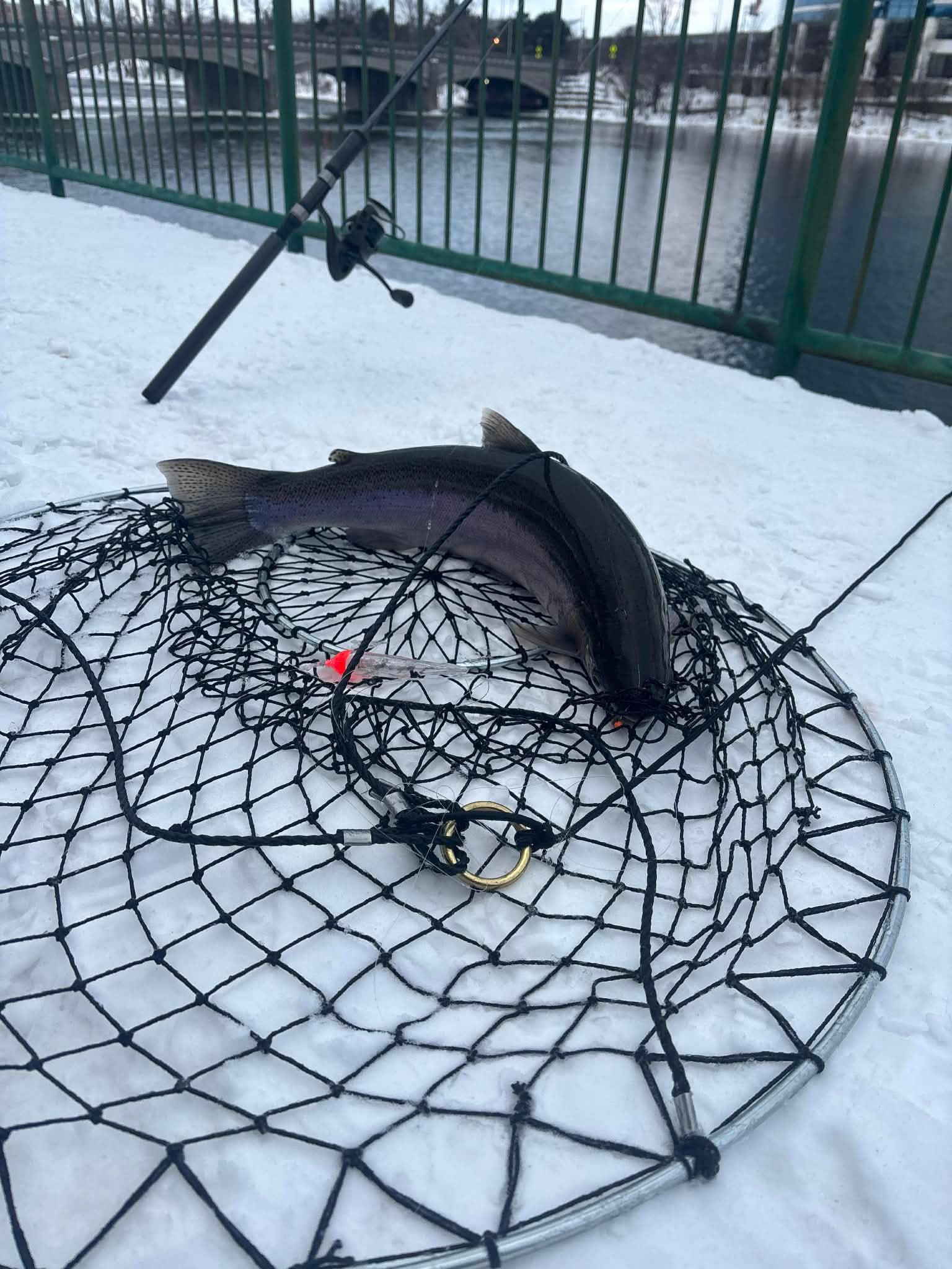 Schwarz geflochtenes Fischernetz auf dem Schnee, Angelrute im Hintergrund