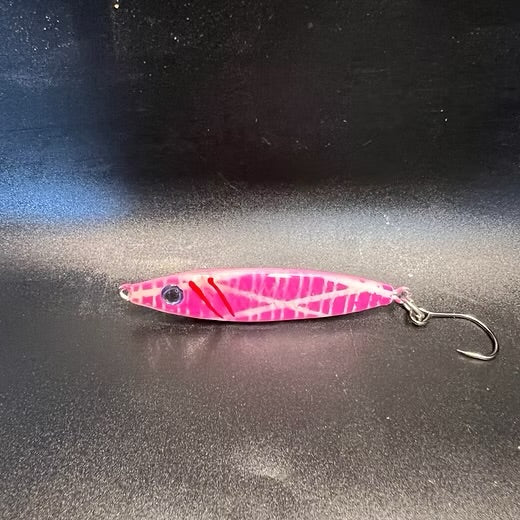Pink and white striped 3/4 oz jigging spoon lure with single treble hook